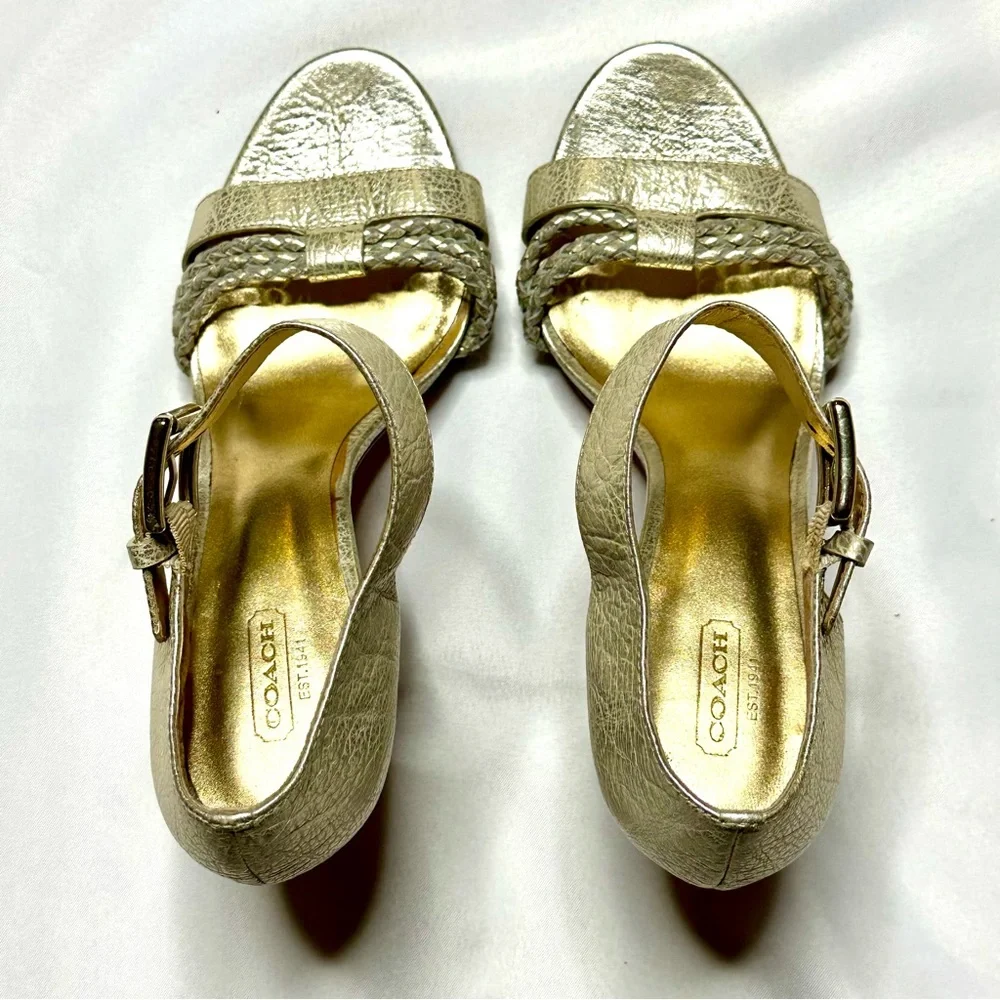 Coach Metallic Gold Braided Ankle-Strap Stack Heels Sz 10 - Picture 5 of 10